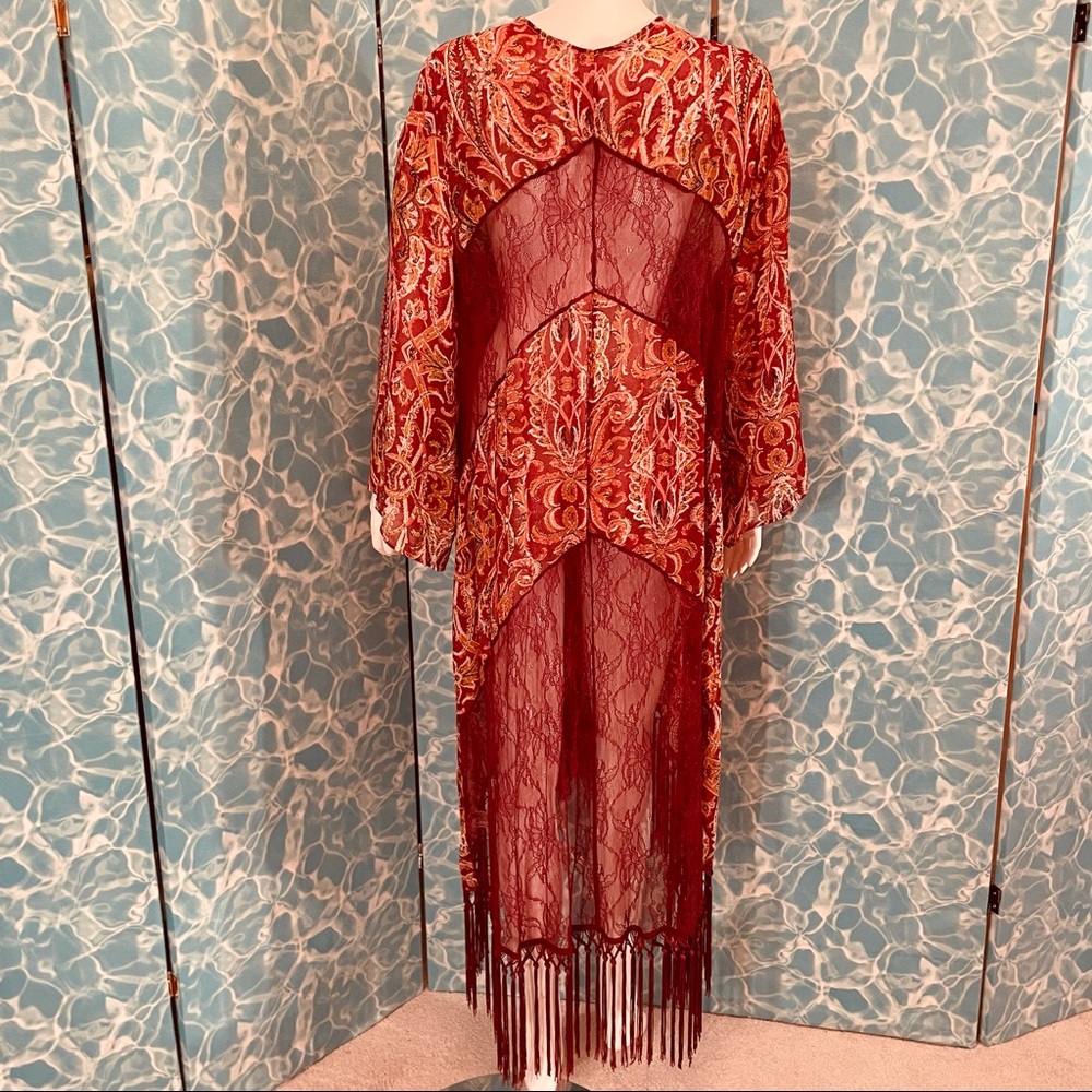 COPY - Burgundy tangerine paisley lace fringe tri…